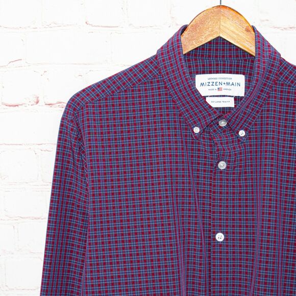 MIZZEN + MAIN Trim Fit Button up Shirt Blue Red Check Men's Size 2XL - Picture 6 of 7